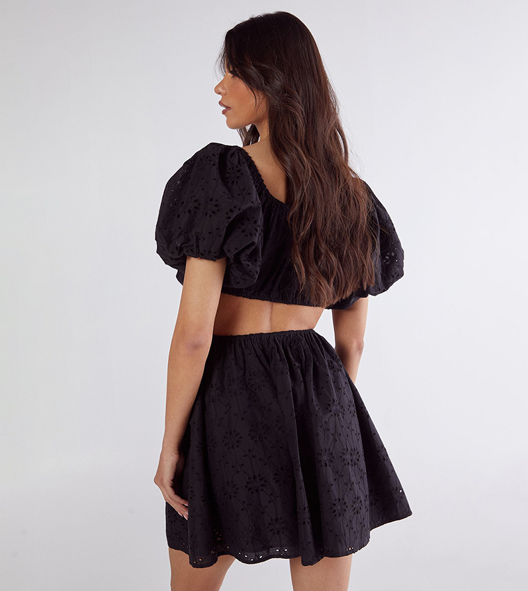 Broderie Cut-Out Tie Front Puff Sleeves Skater Dress