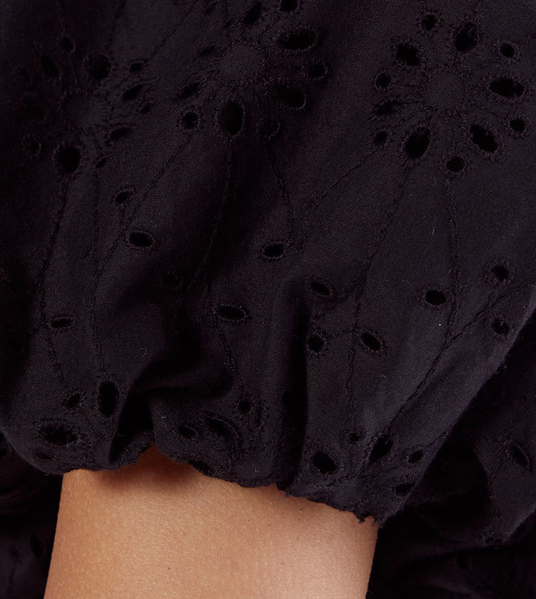 Broderie Cut-Out Tie Front Puff Sleeves Skater Dress