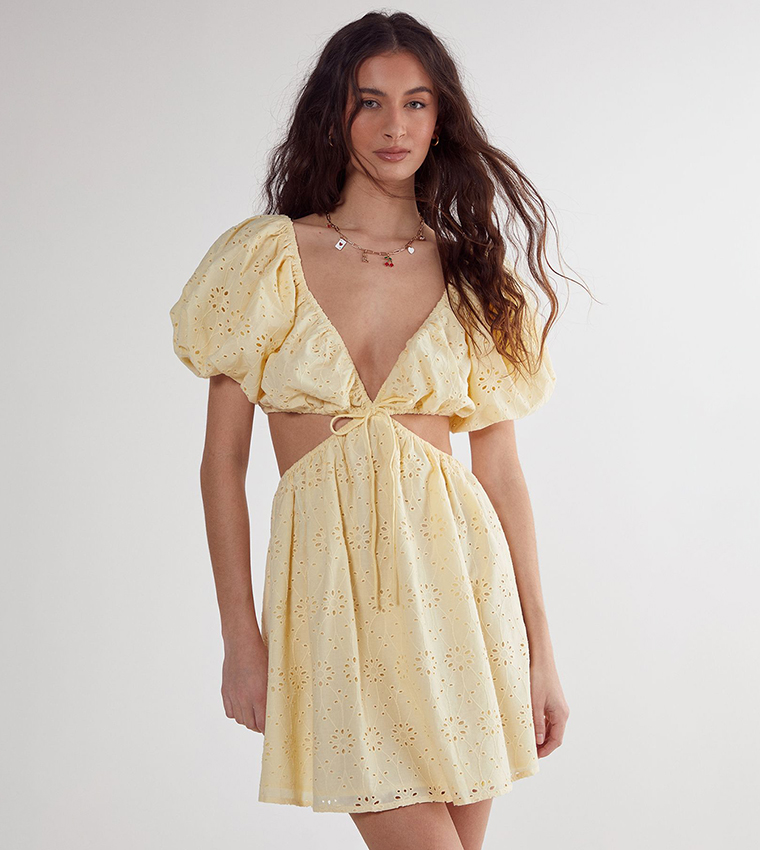 Broderie Cut-Out Tie Front Puff Sleeves Skater Dress