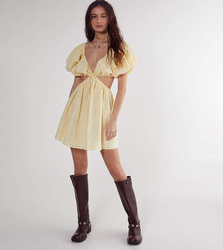 Broderie Cut-Out Tie Front Puff Sleeves Skater Dress
