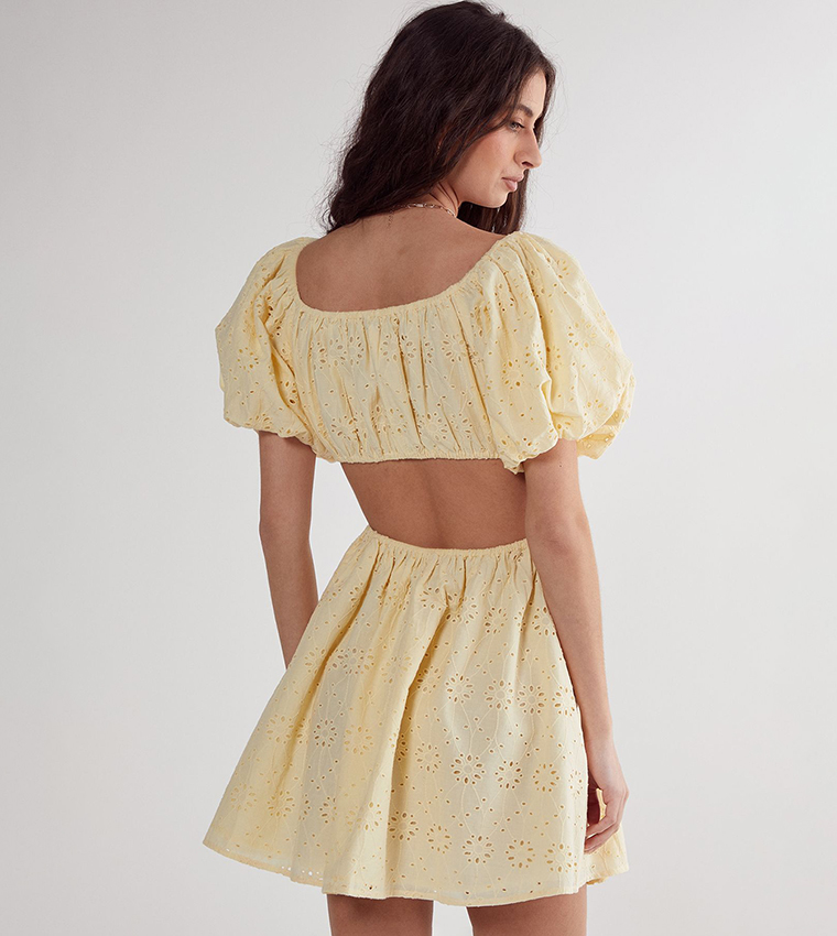 Broderie Cut-Out Tie Front Puff Sleeves Skater Dress