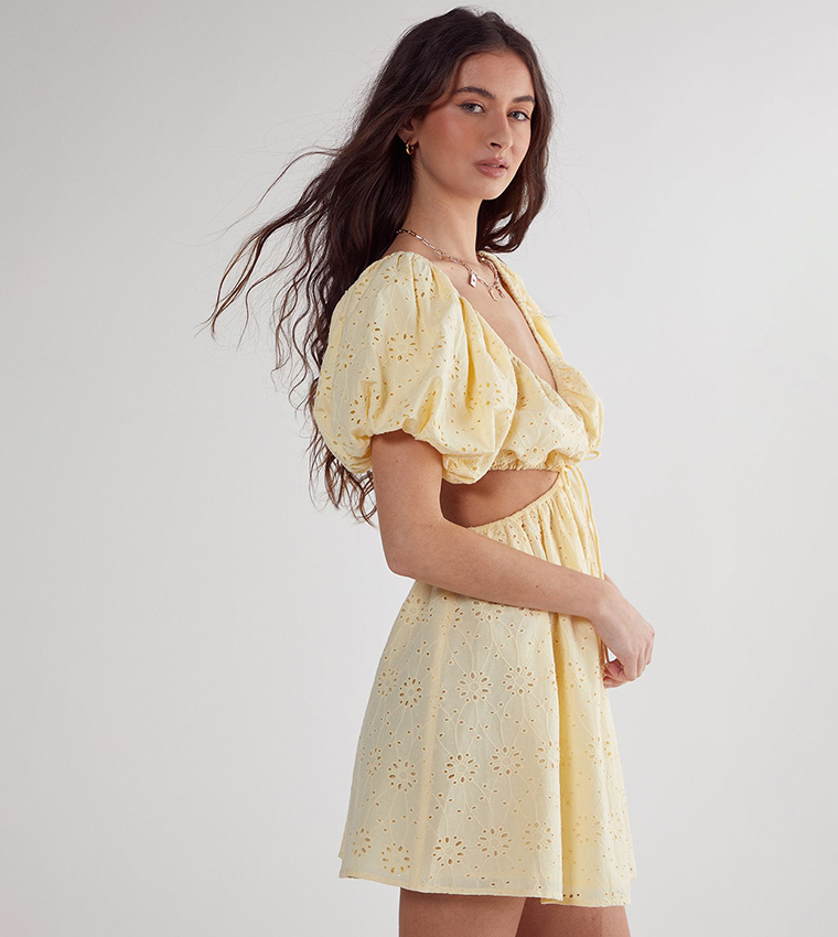 Broderie Cut-Out Tie Front Puff Sleeves Skater Dress
