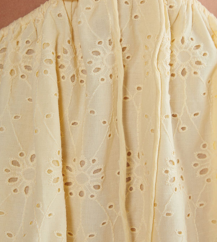 Broderie Cut-Out Tie Front Puff Sleeves Skater Dress