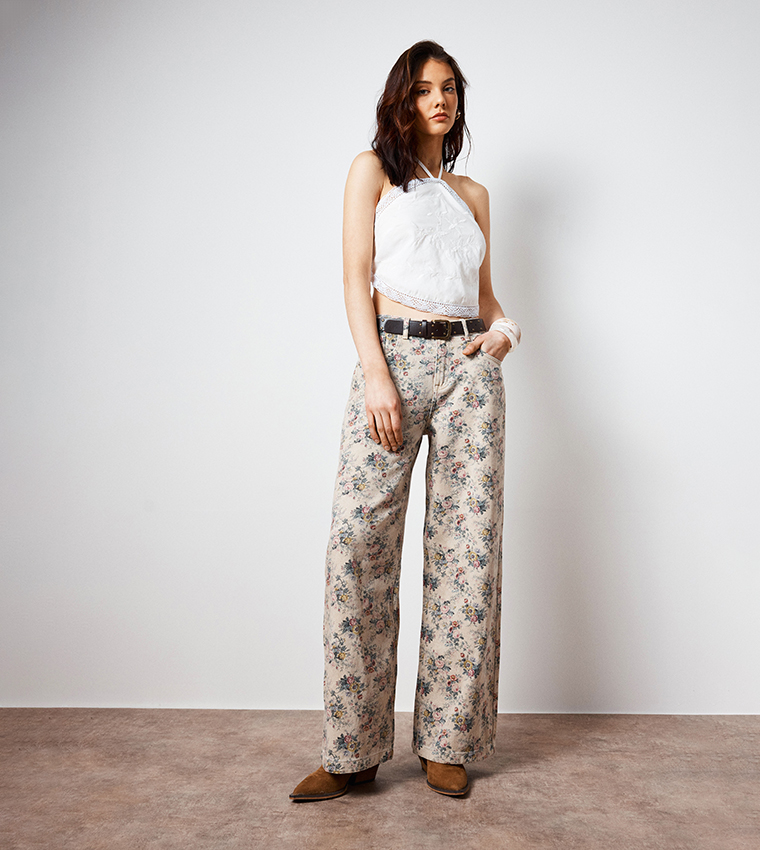 Embroidered Lace Trim Halter Neck Tie Back Crop Top