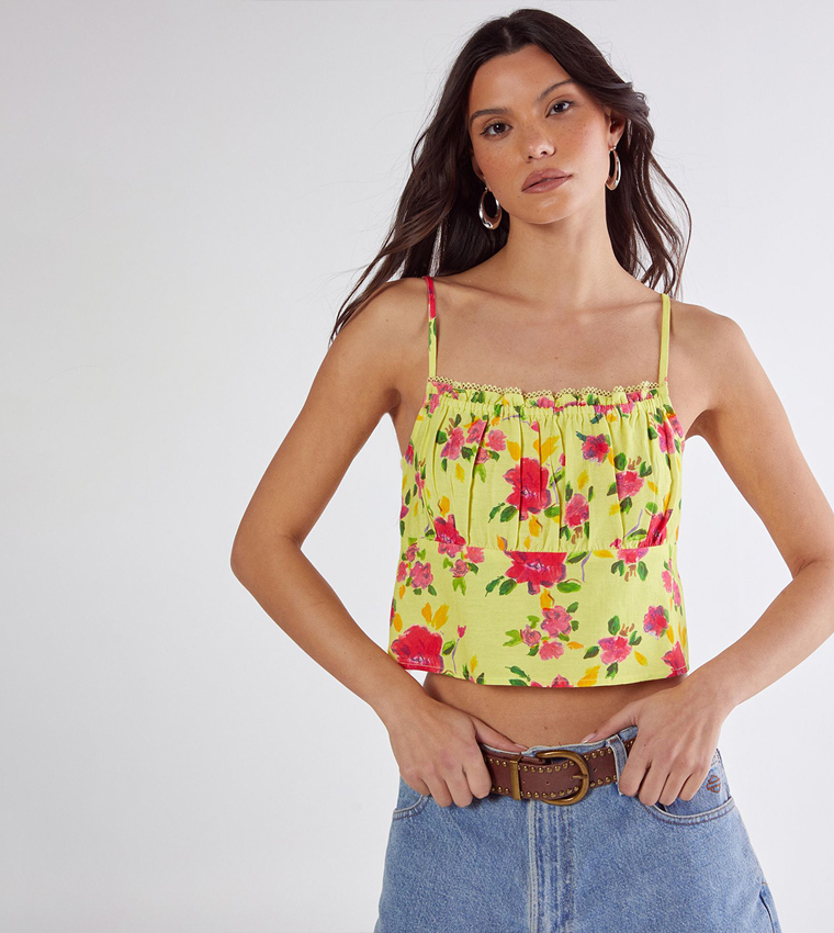 Floral Linen Mix Lace Trim Soft Corset Top