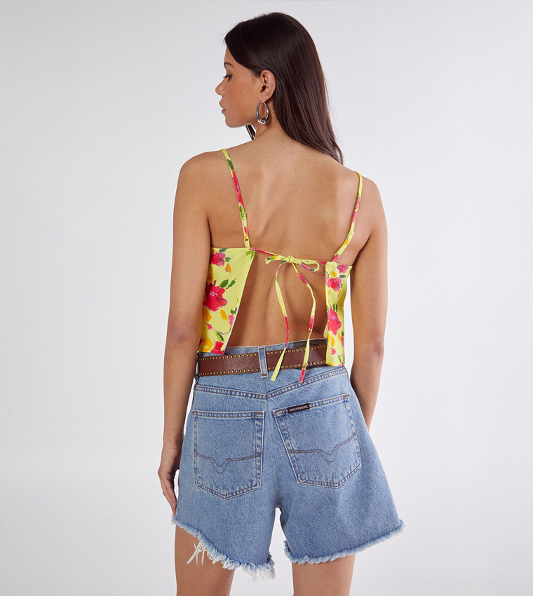 Floral Linen Mix Lace Trim Soft Corset Top