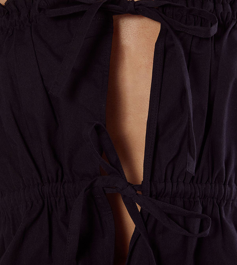 Solid Poplin Bandeau Ruched Tie Detail Top