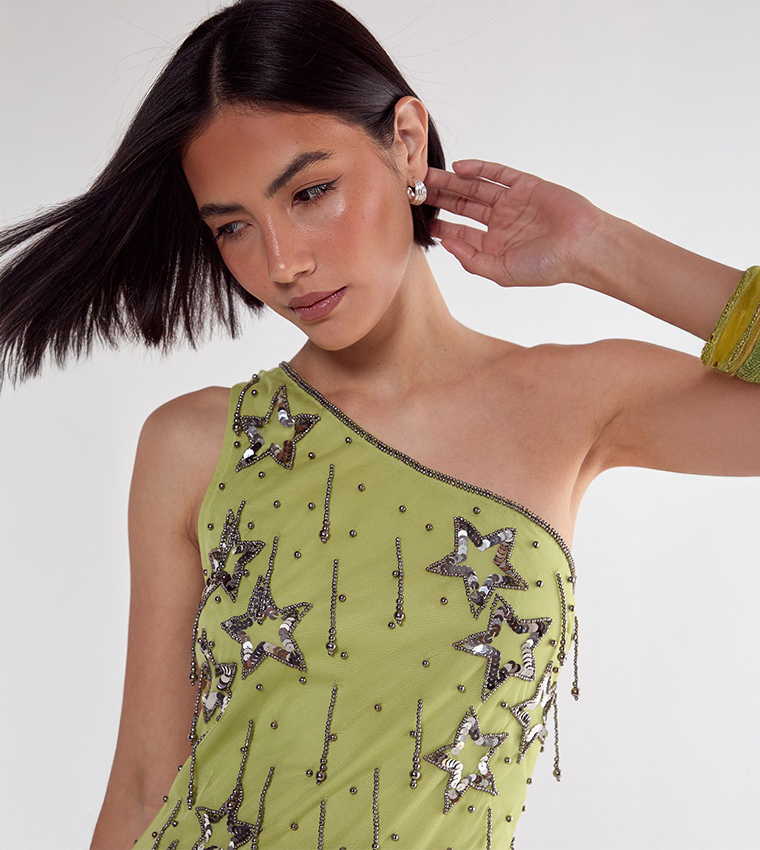Buy Nasty Gal Outlet Star Sequin Tassel One Shoulder Mini Dress In Green |  6thStreet UAE