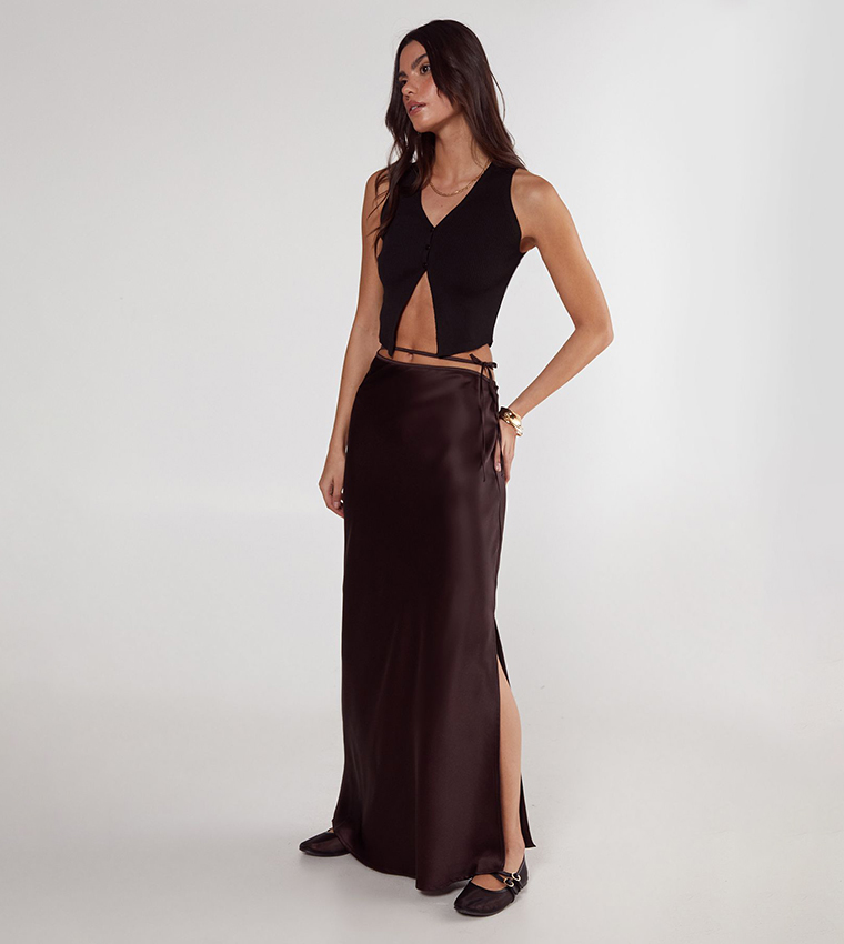 High Waist Satin Slit Maxi Skirt
