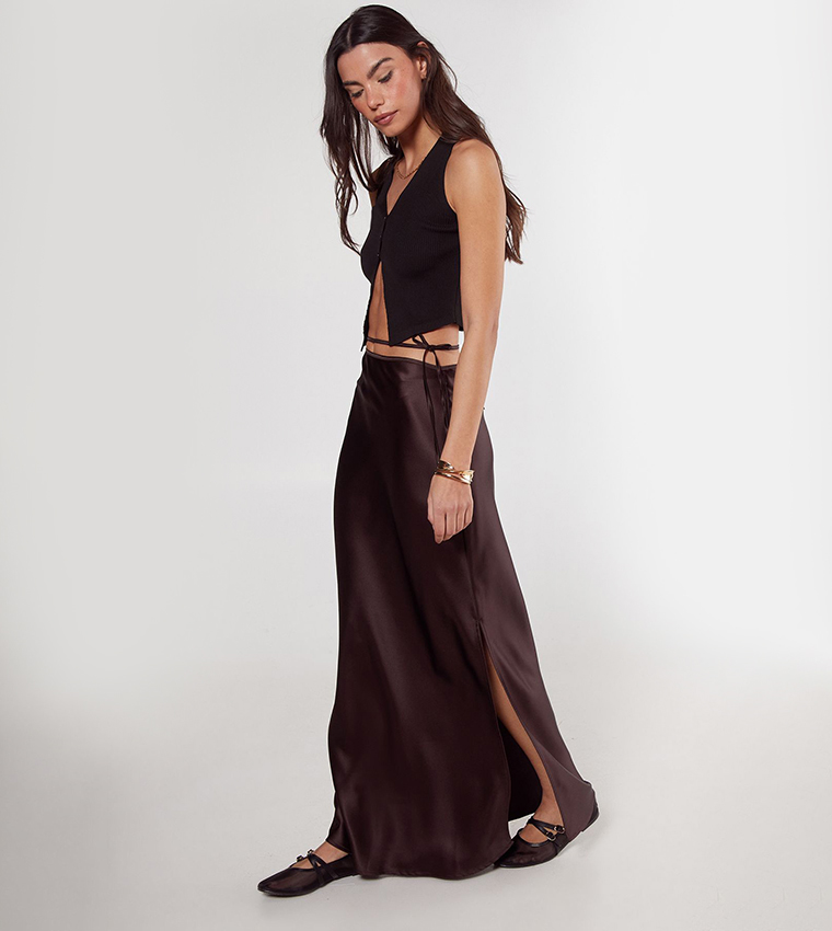 High Waist Satin Slit Maxi Skirt