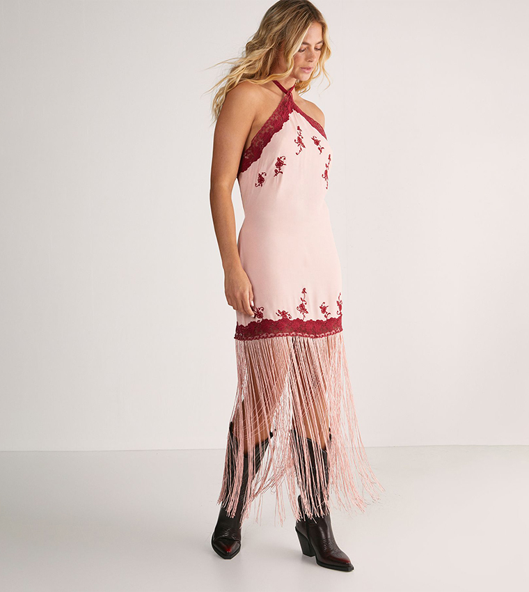 Embroidered Lace Trim Halterneck Fringe Mini Dress