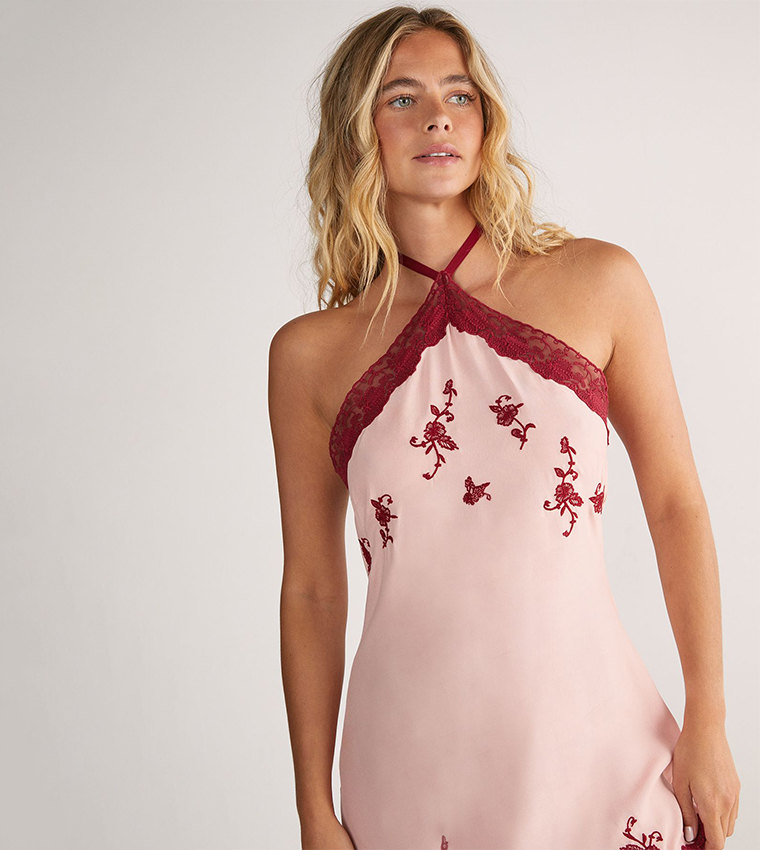Embroidered Lace Trim Halterneck Fringe Mini Dress