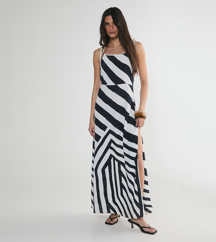 Abstract Striped Tie Shoulder Maxi Dress