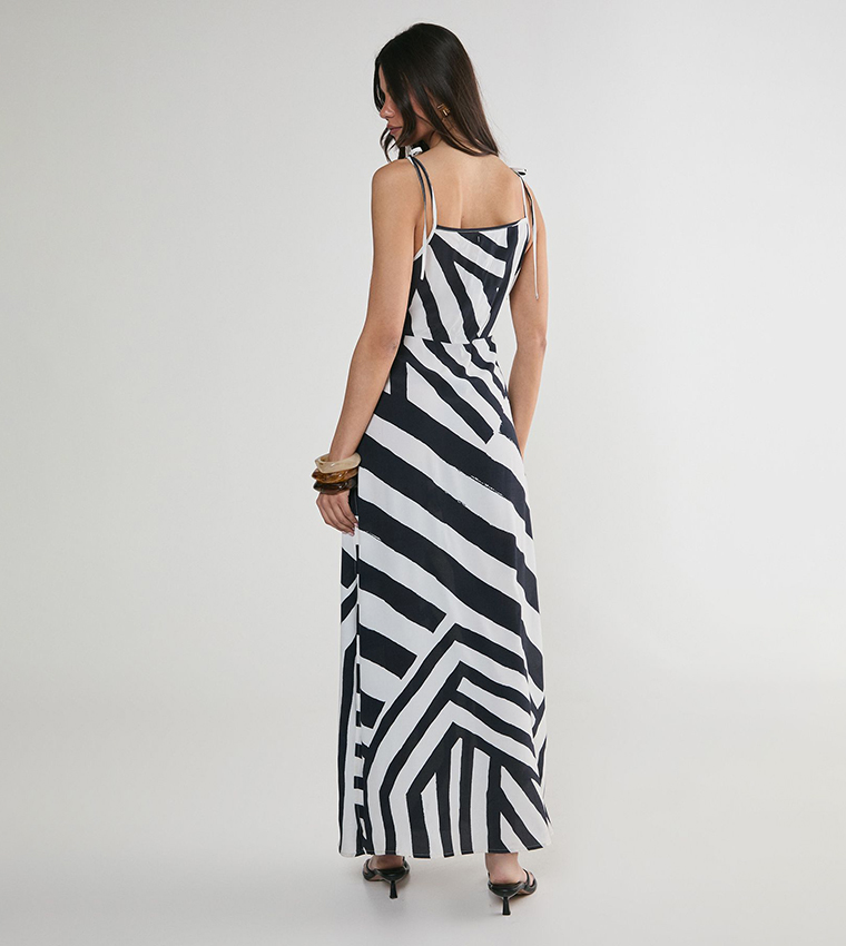 Abstract Striped Tie Shoulder Maxi Dress