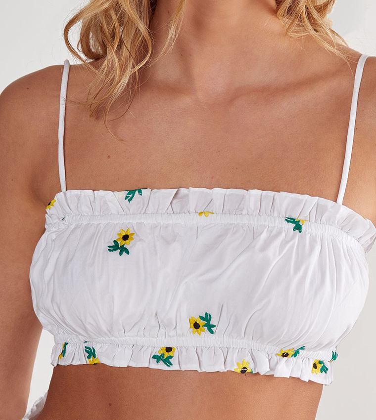 Sunflower Embroidered Ruched Crop Top