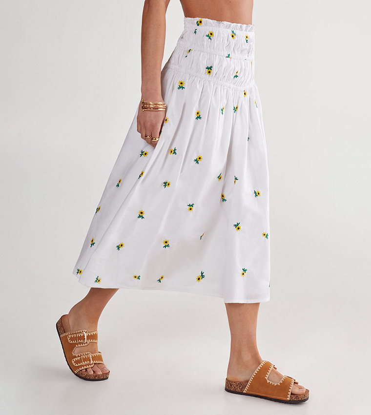 Sunflower Embroidered Ruched Midi Skirt