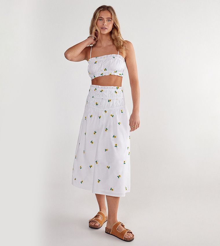 Sunflower Embroidered Ruched Midi Skirt