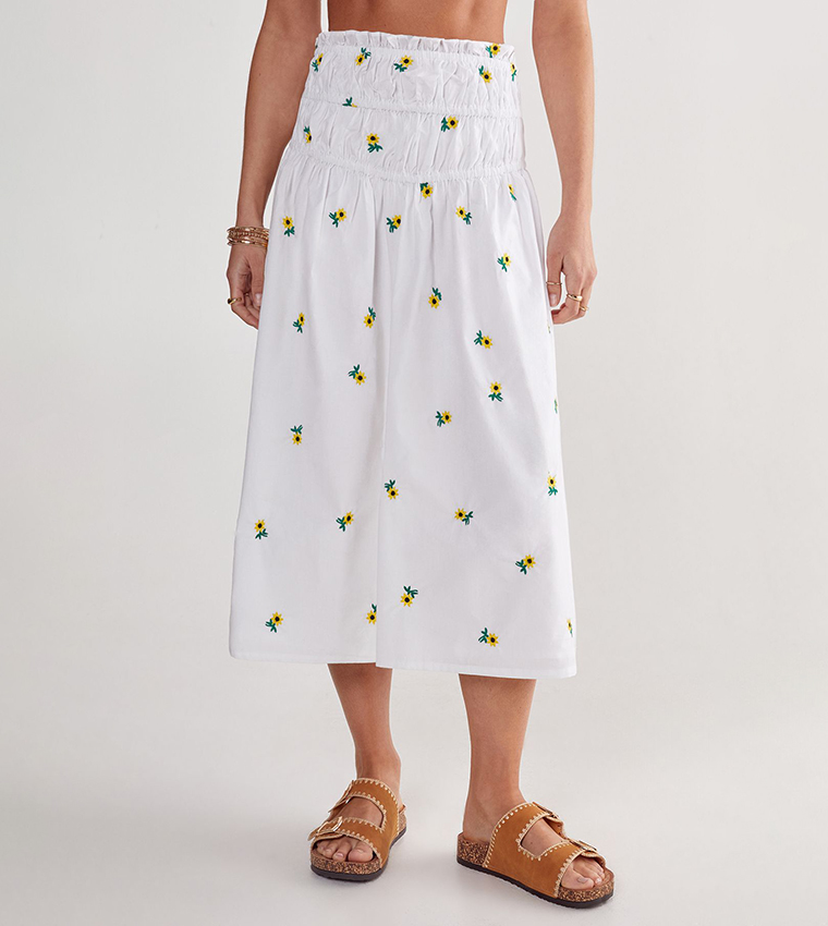 Sunflower Embroidered Ruched Midi Skirt
