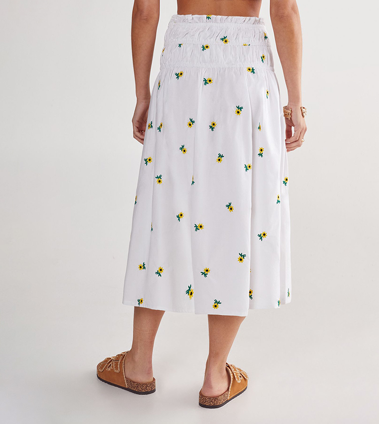 Sunflower Embroidered Ruched Midi Skirt