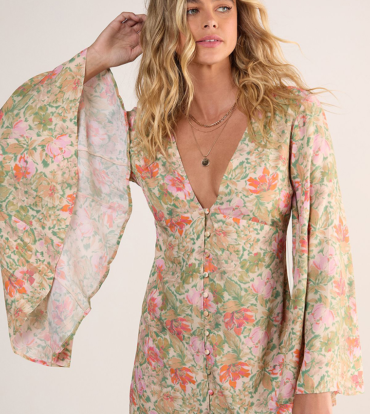 Vintage Floral Print Button Through Flared Sleeves Mini Dress