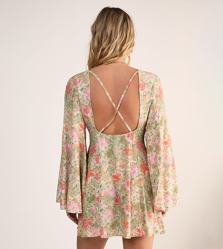 Vintage Floral Print Button Through Flared Sleeves Mini Dress
