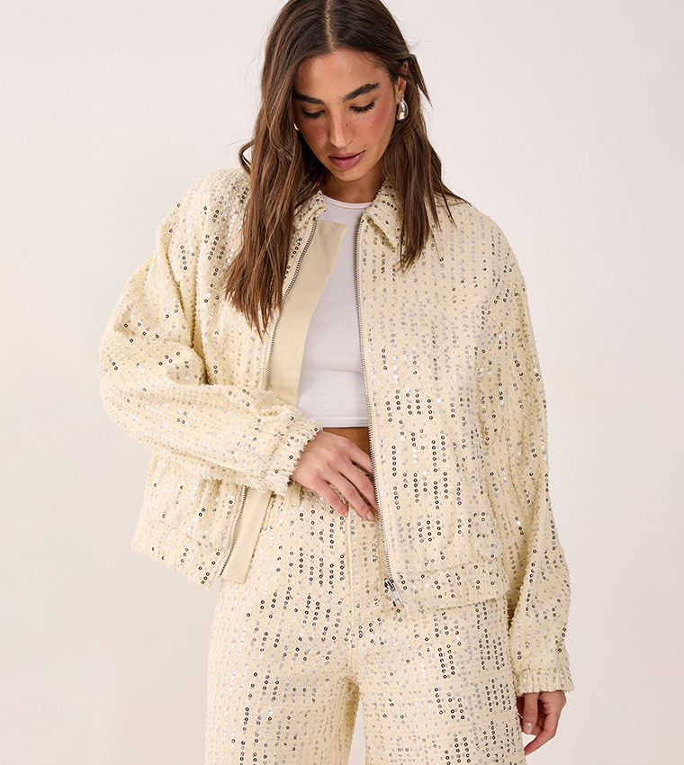 Sequined Denim Bomber Jacket