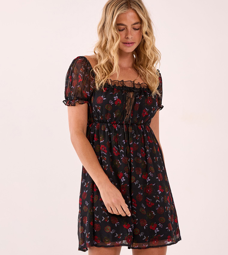Floral Patterned Lace Puff Sleeves Mini Dress