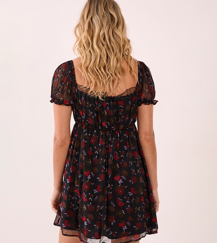 Floral Patterned Lace Puff Sleeves Mini Dress