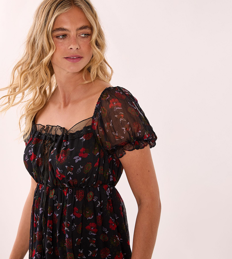Floral Patterned Lace Puff Sleeves Mini Dress