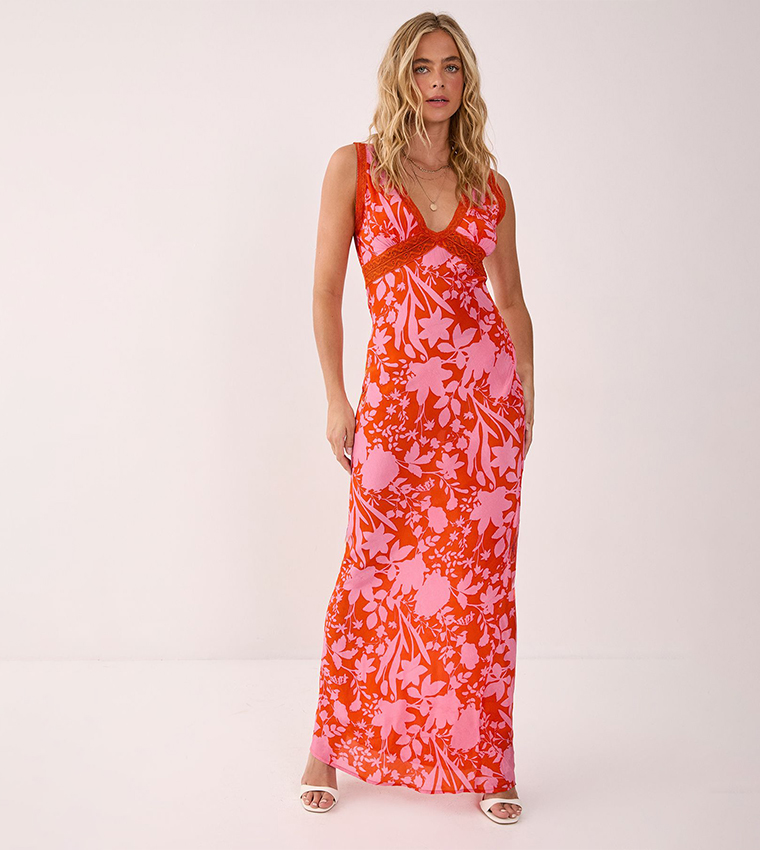 Floral Printed Lace Insert Plunge Maxi Dress