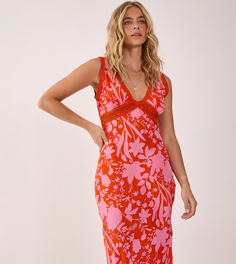 Floral Printed Lace Insert Plunge Maxi Dress