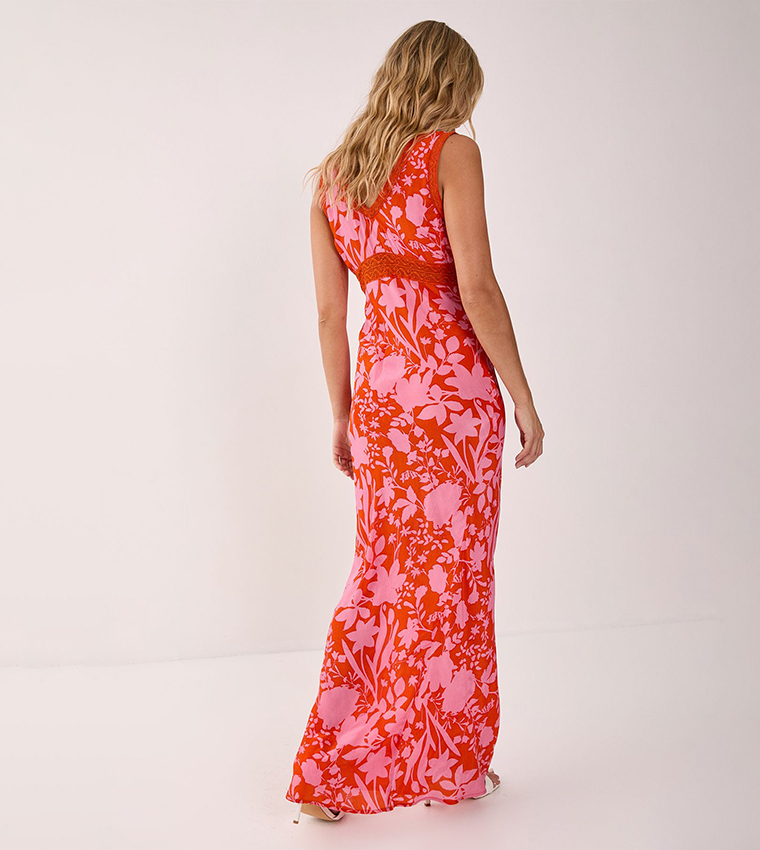 Floral Printed Lace Insert Plunge Maxi Dress