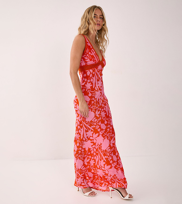 Floral Printed Lace Insert Plunge Maxi Dress