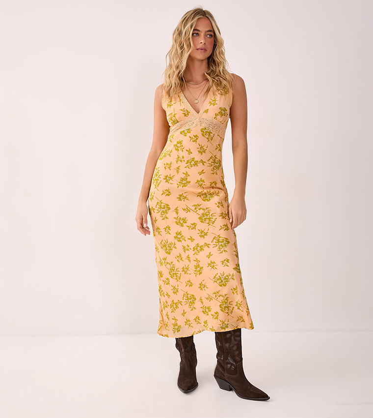 Floral Printed Lace Insert Plunge Maxi Dress