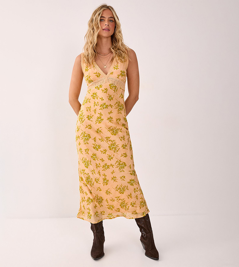 Floral Printed Lace Insert Plunge Maxi Dress