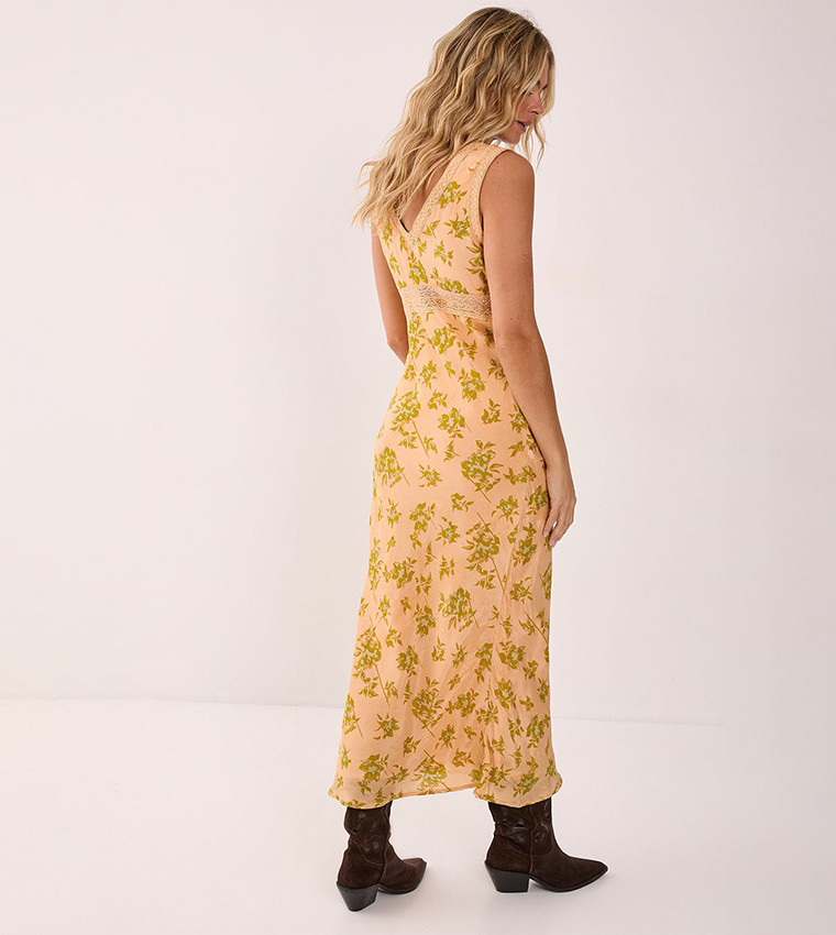 Floral Printed Lace Insert Plunge Maxi Dress