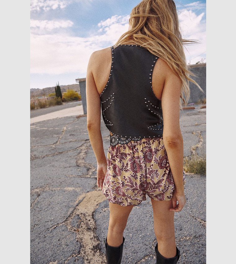 Faux Leather Studded Tie Front Vest Top