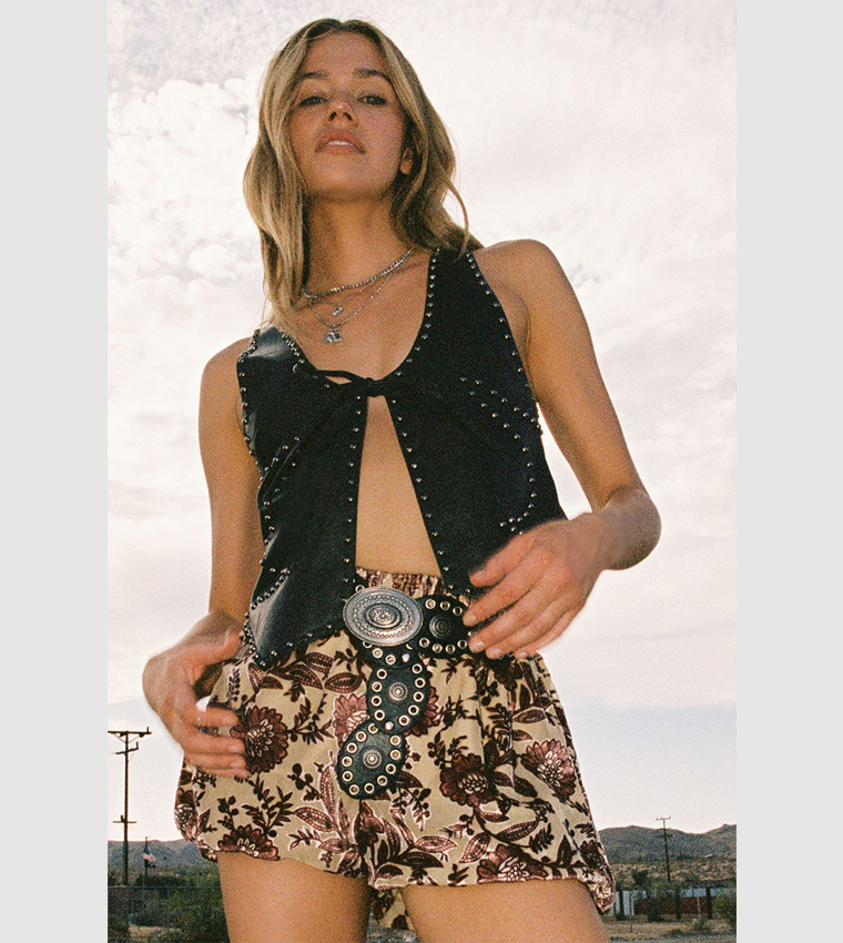 Faux Leather Studded Tie Front Vest Top