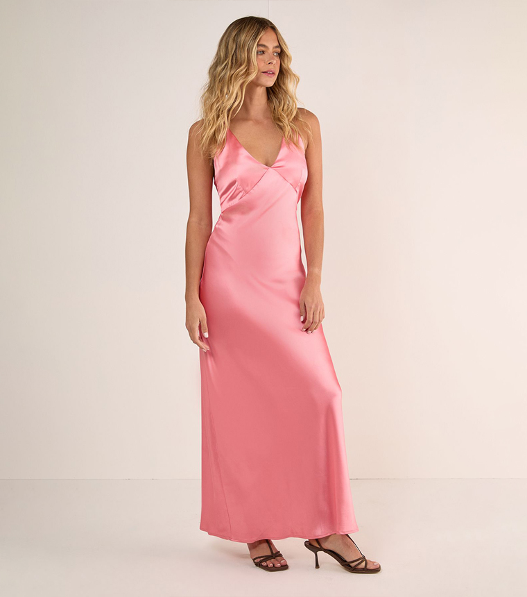 Satin Plunge Neck Strappy Maxi Slip Dress