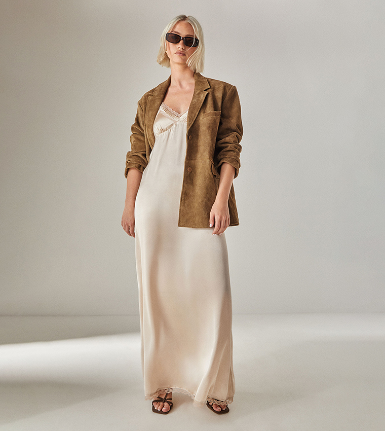 Satin Lace Trim Maxi Slip Dress