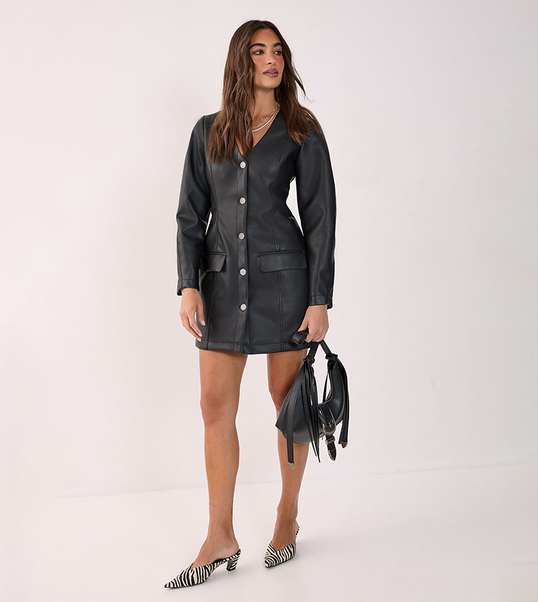 Cocoon Sleeves Faux Leather Mini Dress