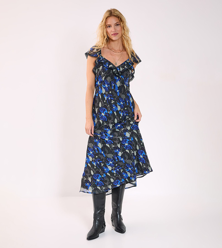 Floral Print Chiffon Lace Trim Cap Sleeves Maxi Dress