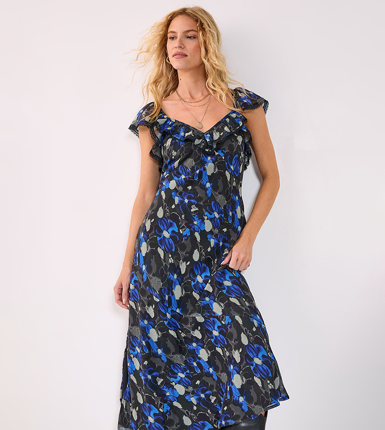 Floral Print Chiffon Lace Trim Cap Sleeves Maxi Dress