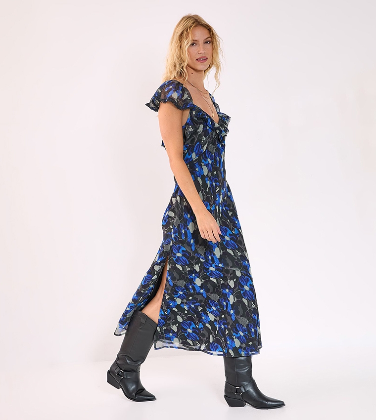 Floral Print Chiffon Lace Trim Cap Sleeves Maxi Dress