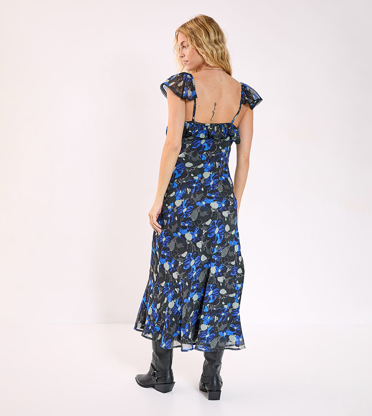 Floral Print Chiffon Lace Trim Cap Sleeves Maxi Dress