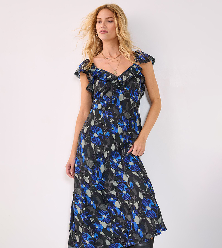 Floral Print Chiffon Lace Trim Cap Sleeves Maxi Dress