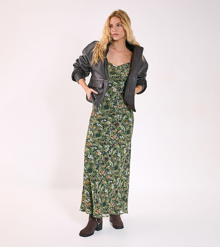 Floral Print Chiffon Cowl Ruffle Split Maxi Dress