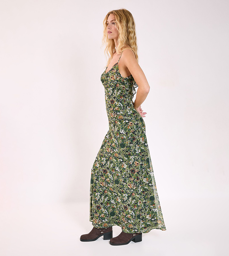 Floral Print Chiffon Cowl Ruffle Split Maxi Dress