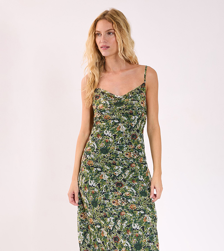 Floral Print Chiffon Cowl Ruffle Split Maxi Dress