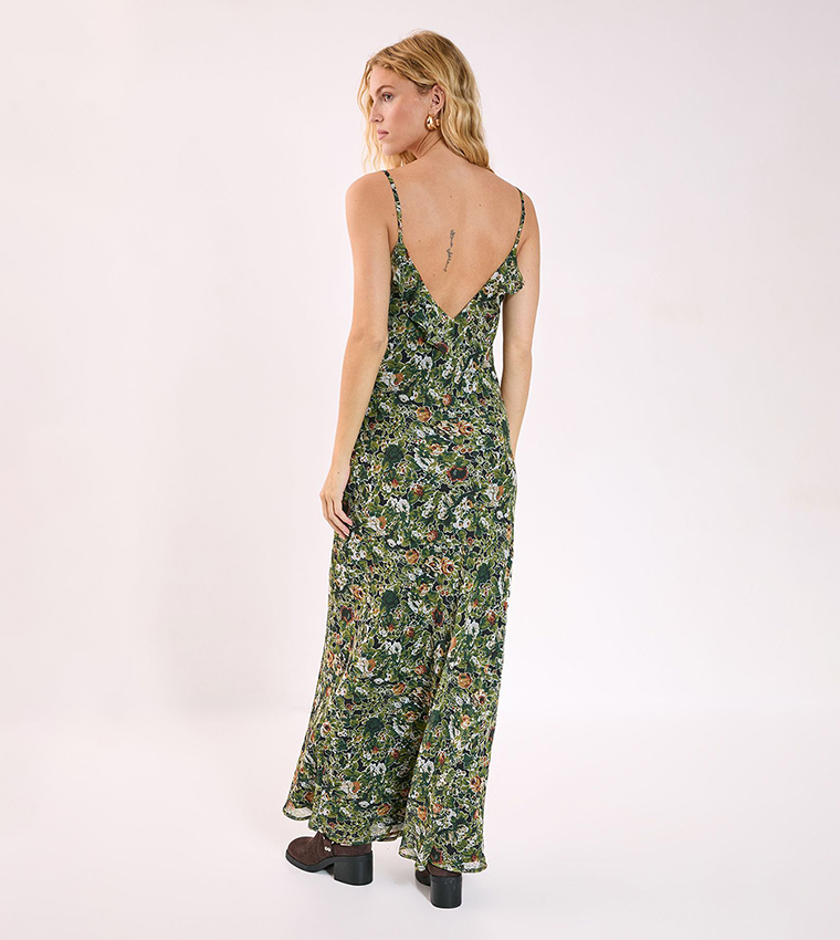 Floral Print Chiffon Cowl Ruffle Split Maxi Dress
